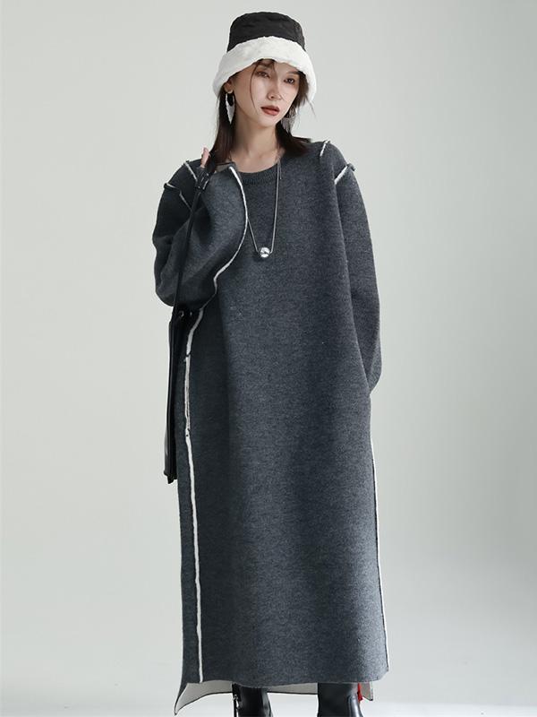 Casual Long Sleeves Loose Solid Color Round-Neck Sweater Dresses Product Image