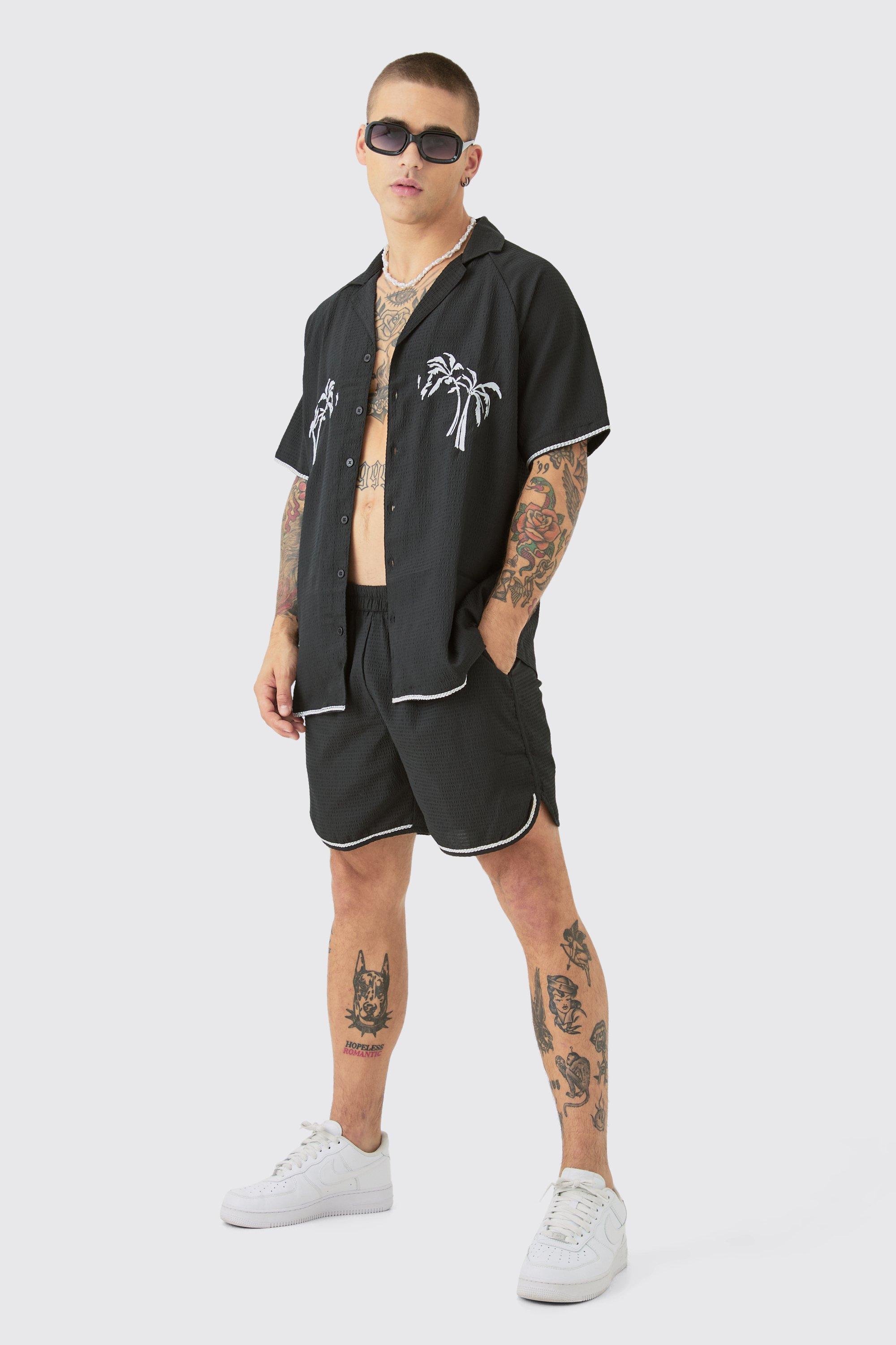 Oversized Seersucker Palm Embroidered Shirt & Short Set | boohooMAN USA Product Image