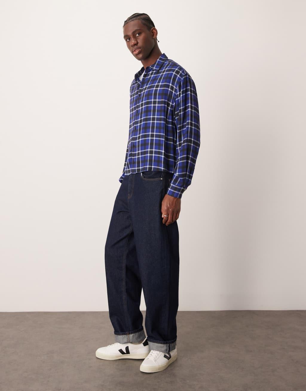 ASOS DESIGN oversized cropped shirt in blue check Product Image