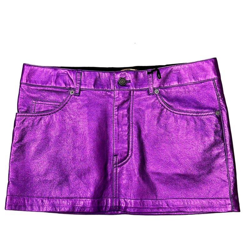 Metallic Textured Leather Mini Skirt In Purple Product Image