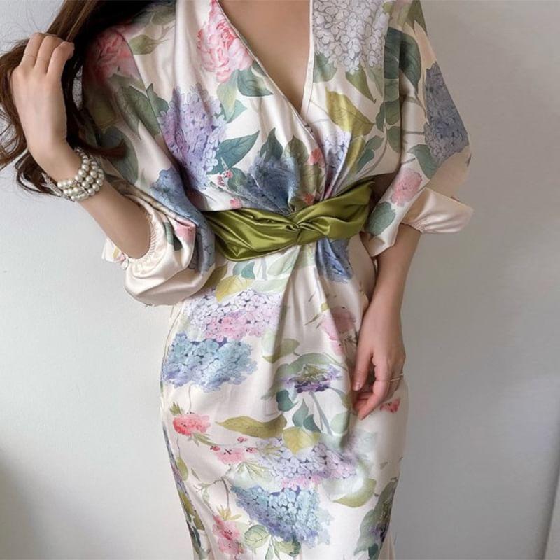 Balloon Sleeve V-Neck Floral Print Maxi Mermaid Wrap Dress Product Image