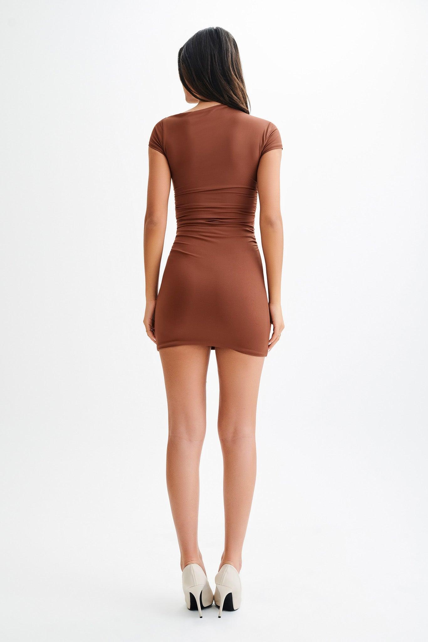 Cersei Ruched Cap Sleeve Mini Dress - Wood Product Image