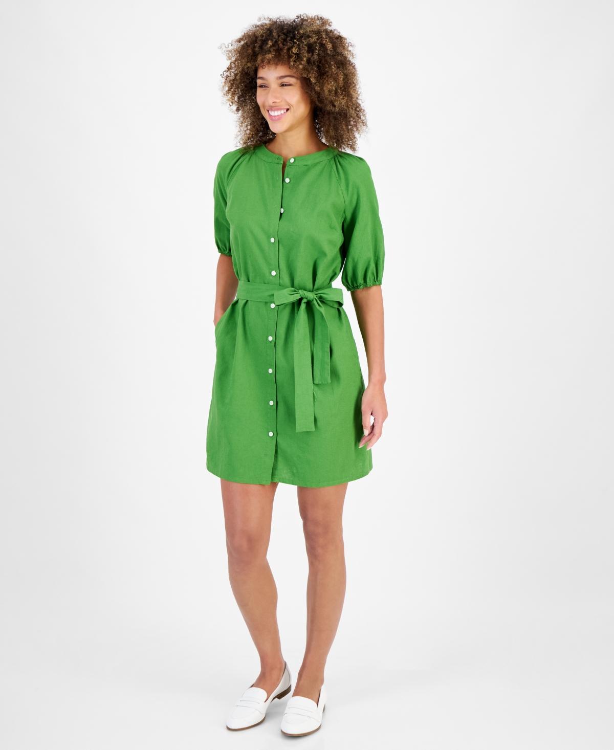 Women's Linen-Blend Puff-Sleeve Shirtdress   Product Image