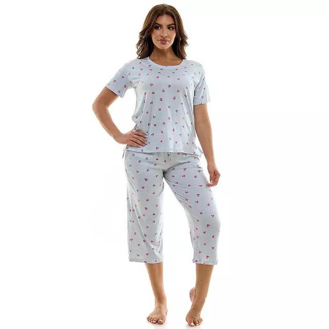 Womens Jaclyn Inc. Short-Sleeve Pajama Top & Capri Pajama Pant Set White Blue Product Image