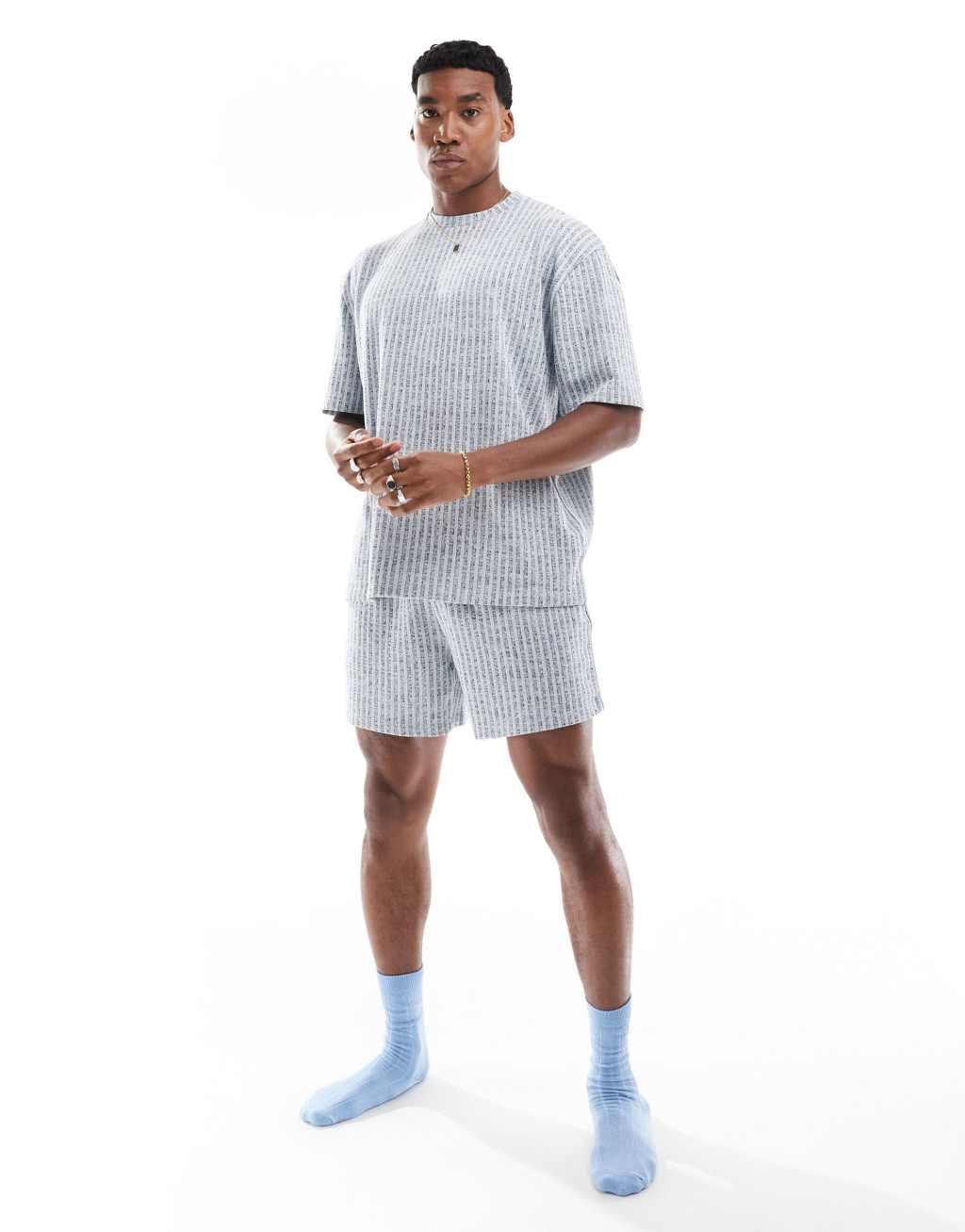 ASOS DESIGN ribbed T-shirt and shorts lounge set in blue stripe Product Image