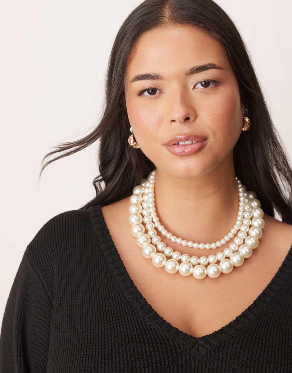 ASOS DESIGN Curve short necklaces with multirow faux pearl detail Product Image