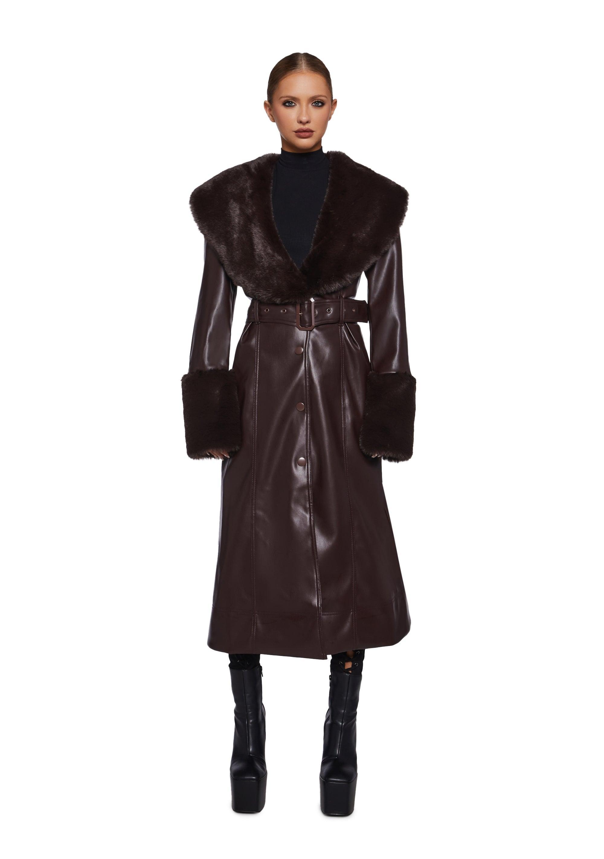 Vegan Leather Faux Fur Trim Trench Coat Current Mood - Brown Product Image