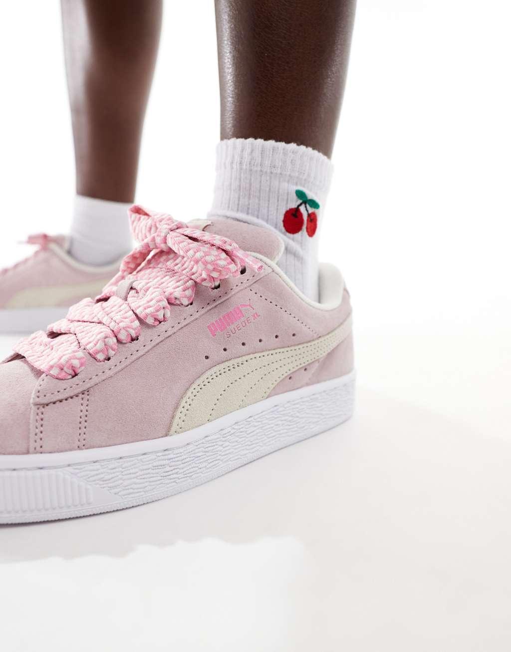 PUMA Suede XL sneakers with lace detail in pink and cream Product Image