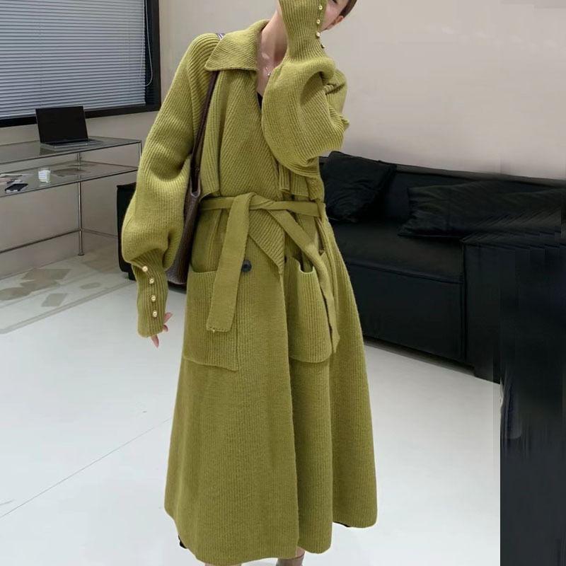 Lapel Collar Plain Tie Waist Long Knit Coat Product Image