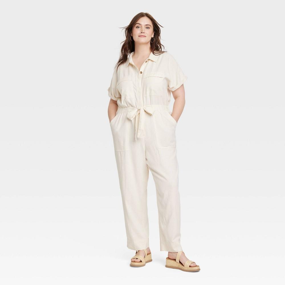 Womens Short Sleeve Linen Boilersuit - Universal Thread Cream 18 Product Image