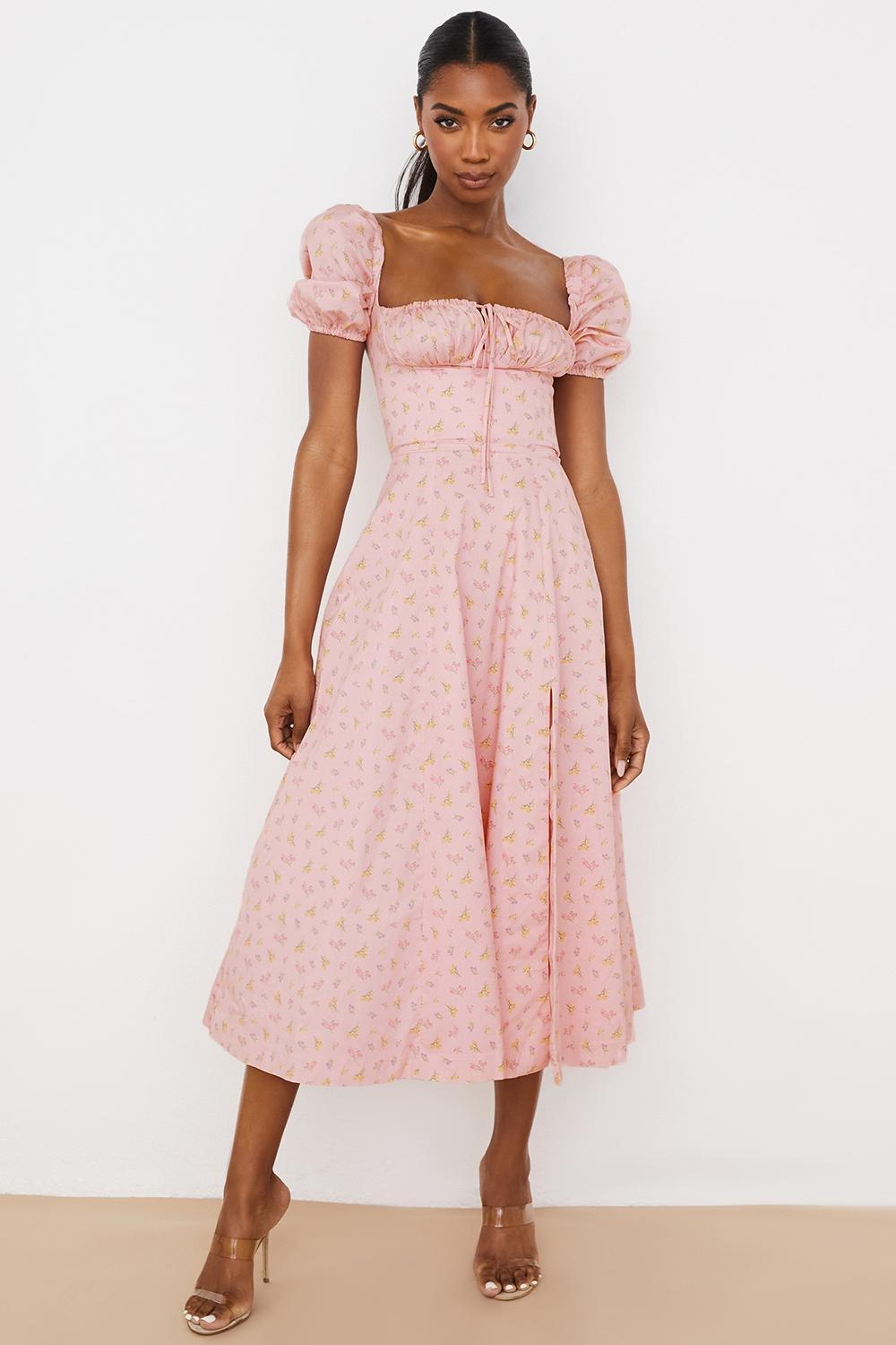 Tallulah Pink Floral Puff Sleeve Midi Dress Product Image