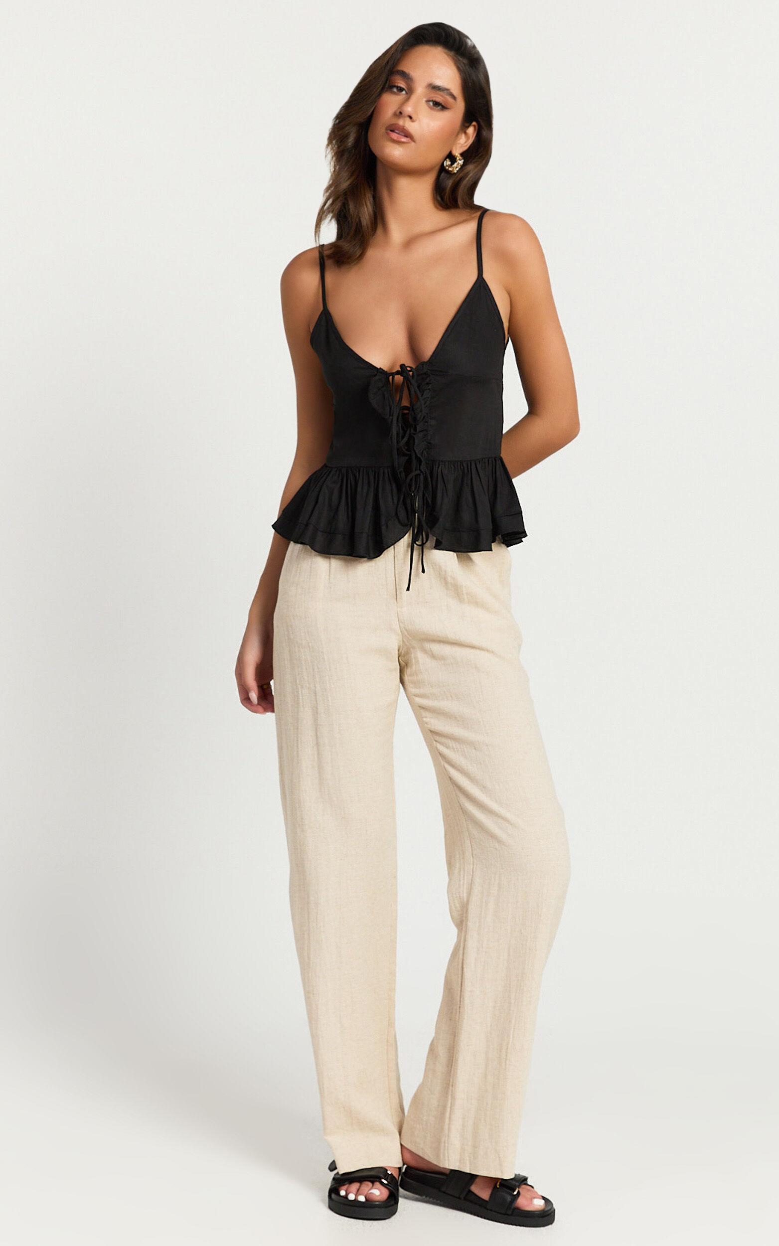 Maya Top - Linen Look Tie Front Ruffle Hem Top in Black Product Image