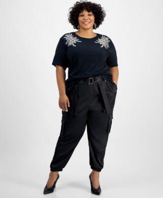 Plus Size Embellished Cotton T-Shirt & Belted High-Rise Satin Cargo Pants, Created for Macy's Product Image