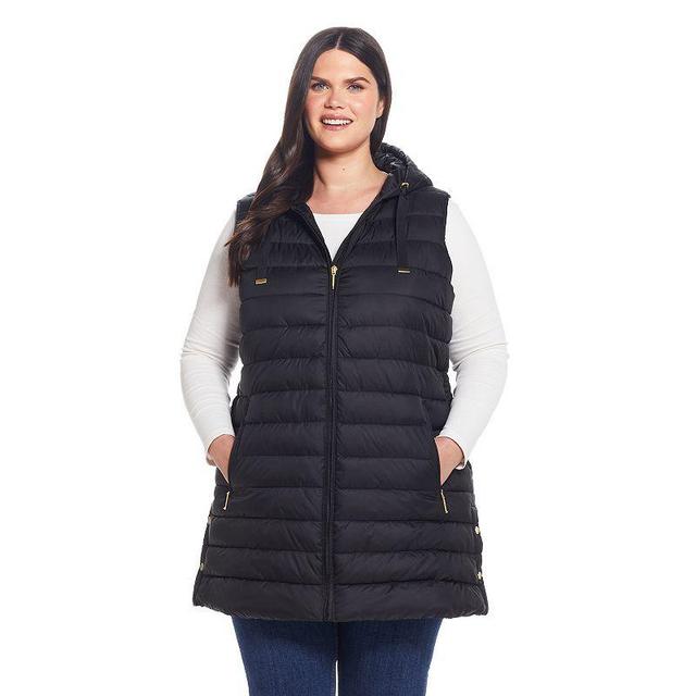 Plus Size Weathercast Hooded Quilted Long Vest, Womens Black Product Image