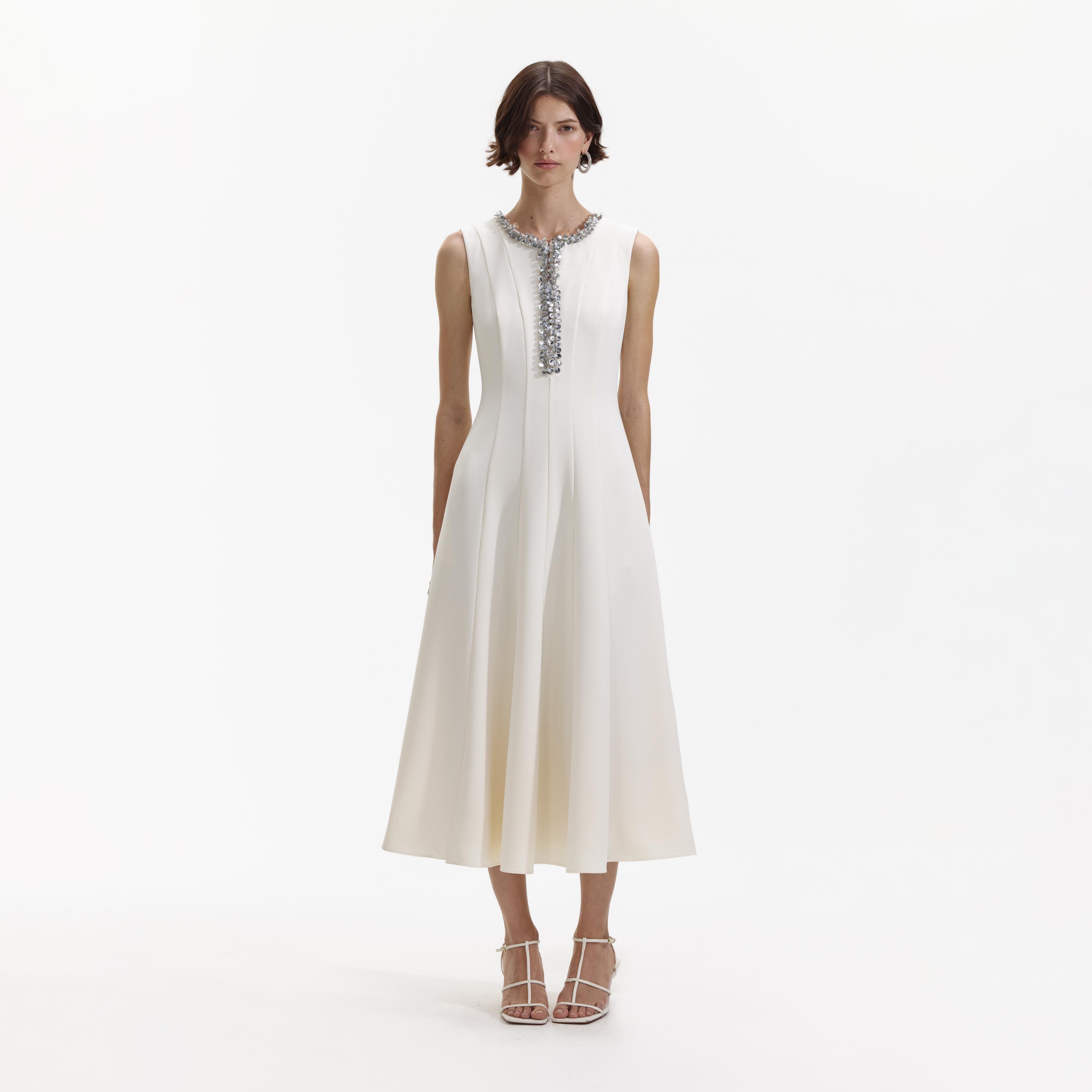 Cream Crepe Embellished Midi Dress Product Image