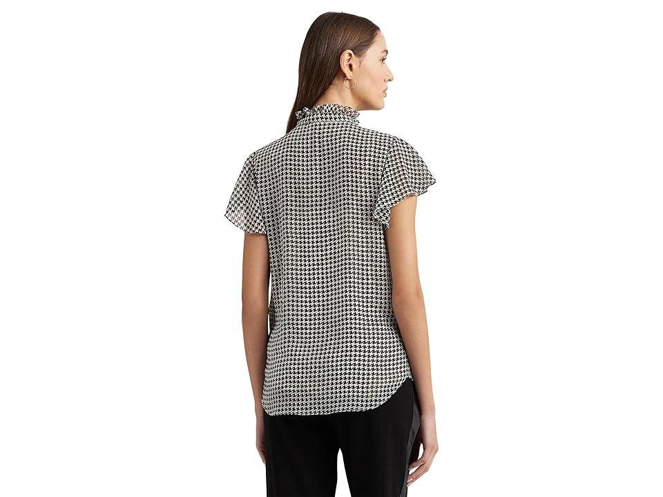 LAUREN Ralph Lauren Houndstooth Ruffle-Trim Chiffon Blouse (Cream/Black) Women's Clothing Product Image