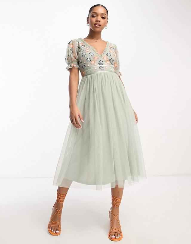 Maya ruffle sleeve midi dress with embroidery in sage Product Image