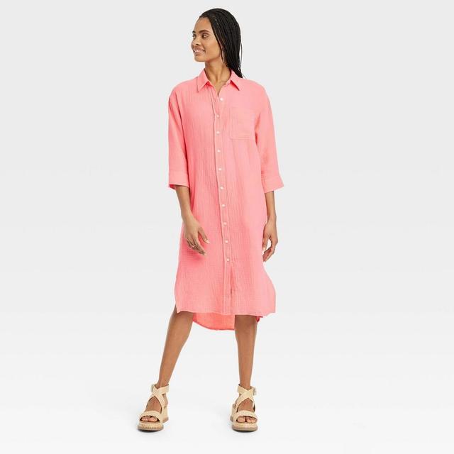 Womens 3/4 Sleeve Midi Shirtdress - Universal Thread Coral L Product Image