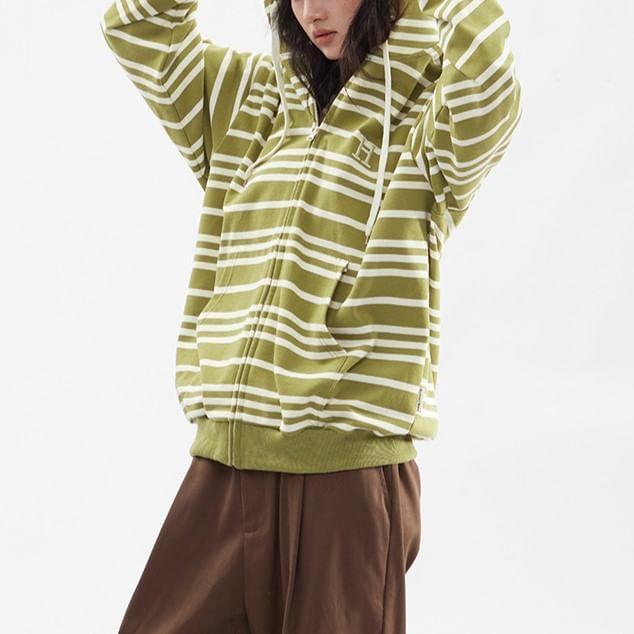 Drop Shoulder Striped Zip Up Hoodie Product Image