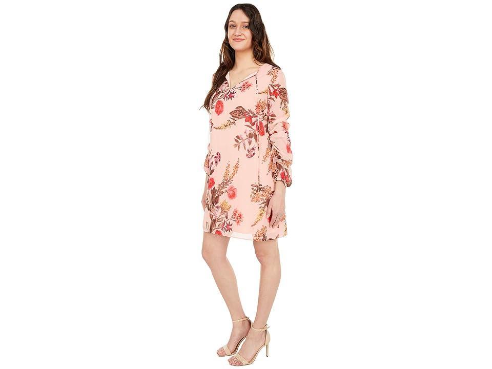 Vince Camuto Printed Chiffon Float with Self Cording and Ruched Sleeve (Blush) Women's Dress Product Image