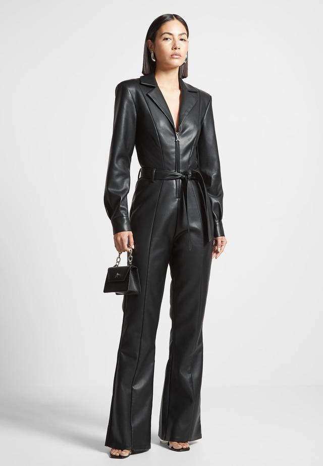 Vegan Leather Fit and Flare Belted Jumpsuit - Black Female Product Image