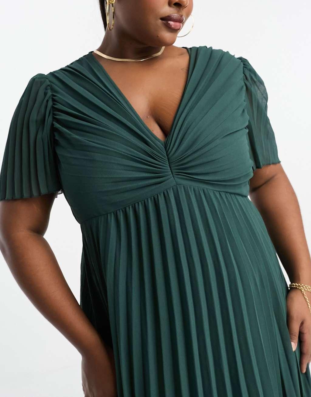 ASOS DESIGN Curve pleated bodice flutter sleeve pleat midi dress in pine green Product Image