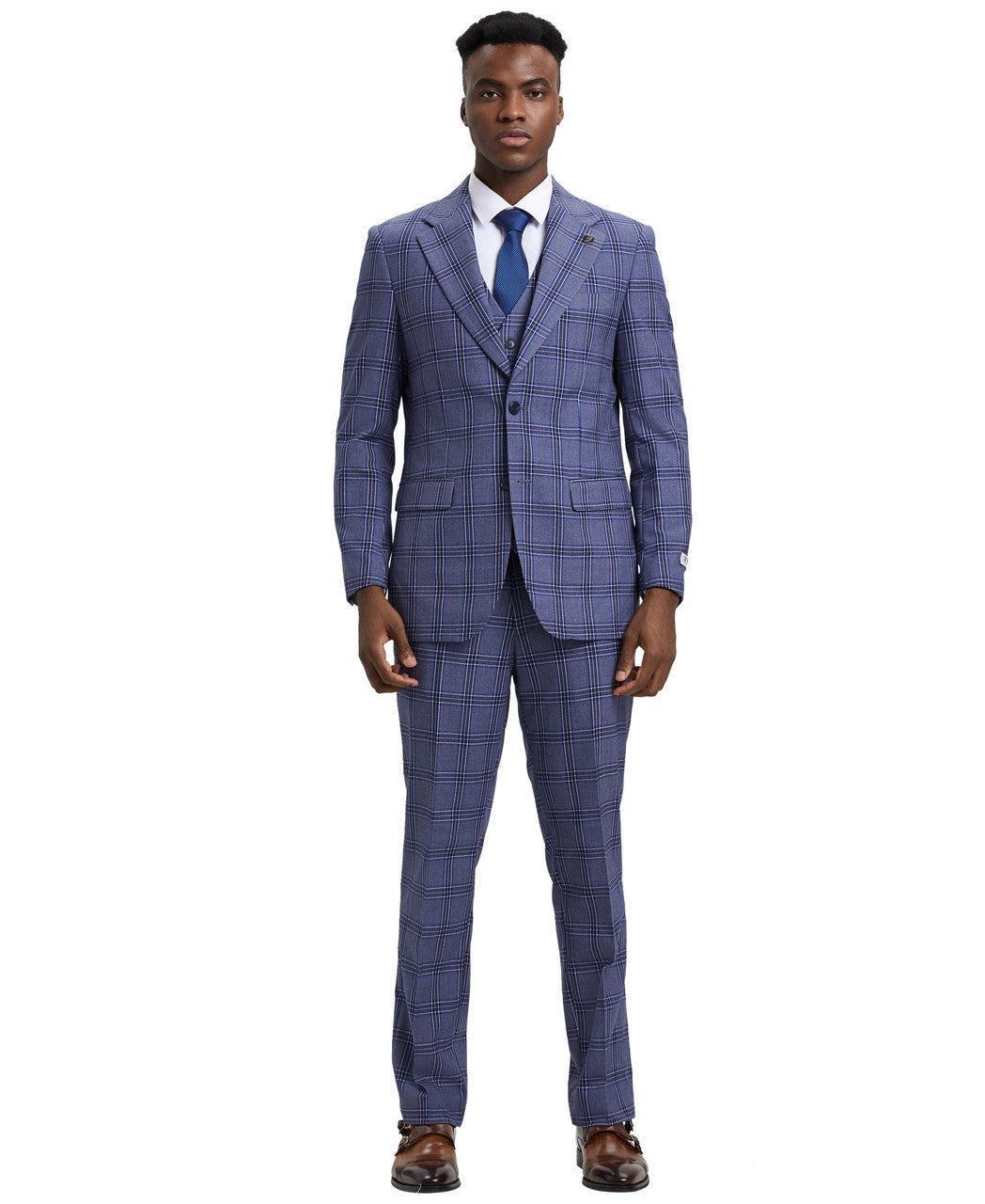 Stacy Adams 3 Piece Suit 2 Buttons Plaid Hybrid Fit in Purple with Adjustable Waistband Product Image