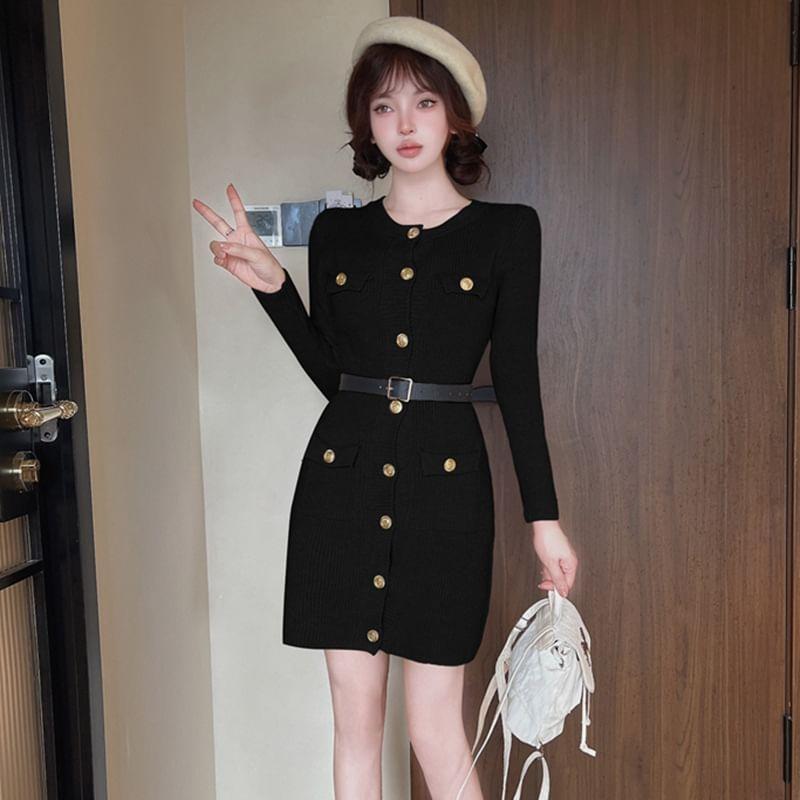 Long-Sleeve Crew Neck Plain Button-Up Mini Sheath Knit Dress Product Image