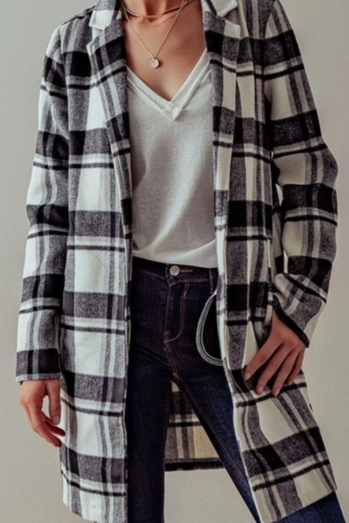 Open Front Long Flannel Plaid Coat Product Image