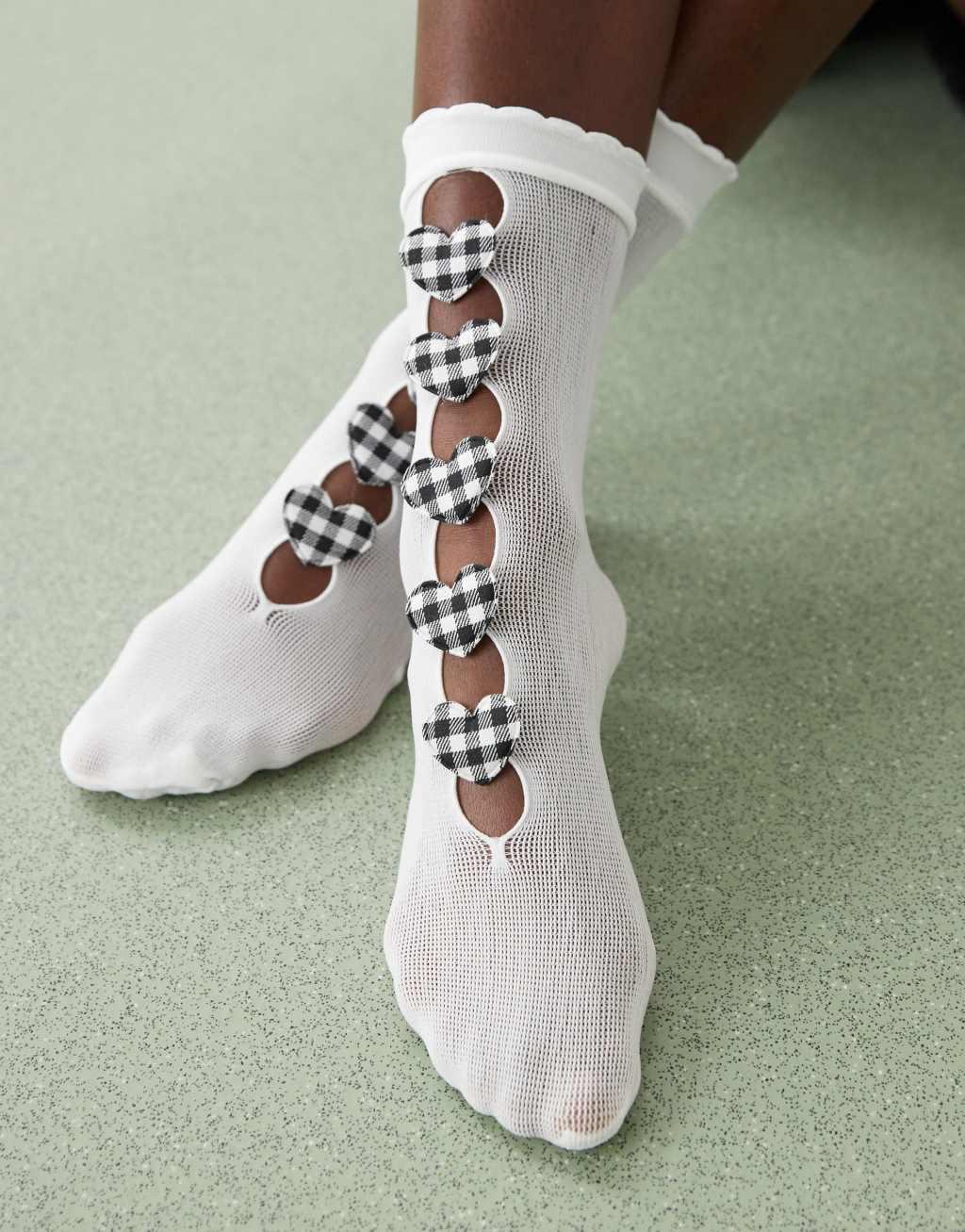 Reclaimed Vintage ankle socks with gingham hearts in white Product Image