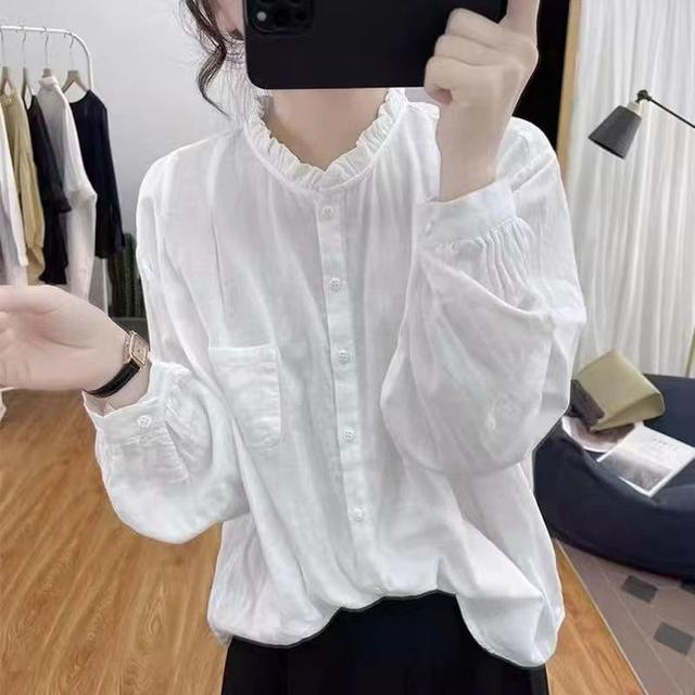 Long-Sleeve Plain Frill Trim Pocket Detail Blouse Product Image