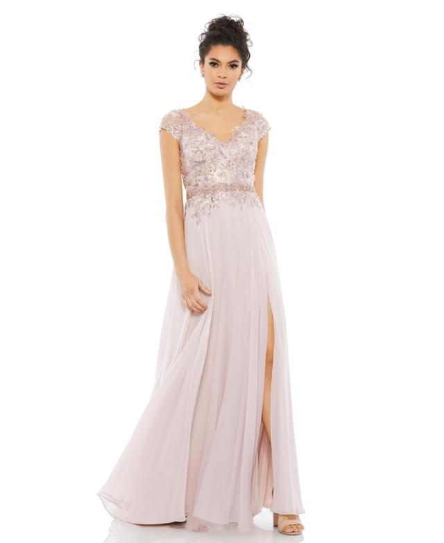 Womens Embellished Cap-Sleeve Tulle Gown Product Image