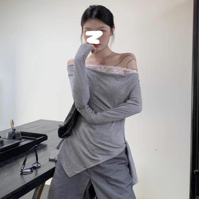 Long Sleeve Off Shoulder Asymmetrical Panel Lace Top Product Image