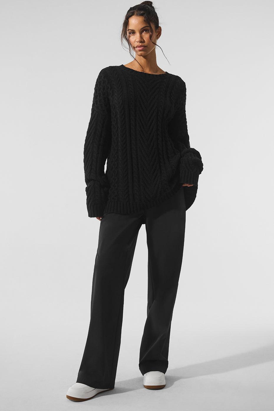 Cable Knit Crew Neck Sweater - Black Female Product Image