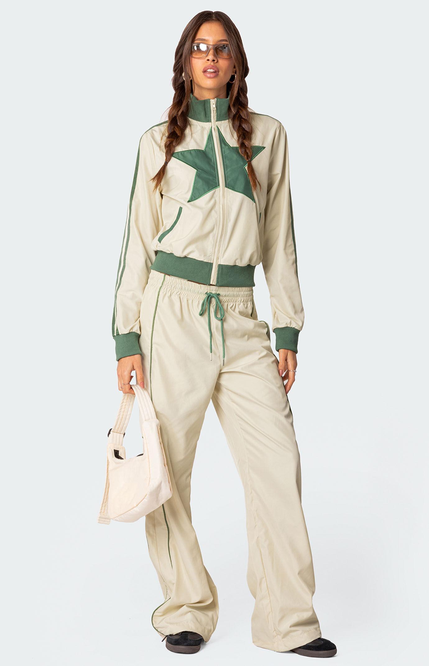 Edikted Women's Superstar Nylon Track Pants in White/Olive - Product Image