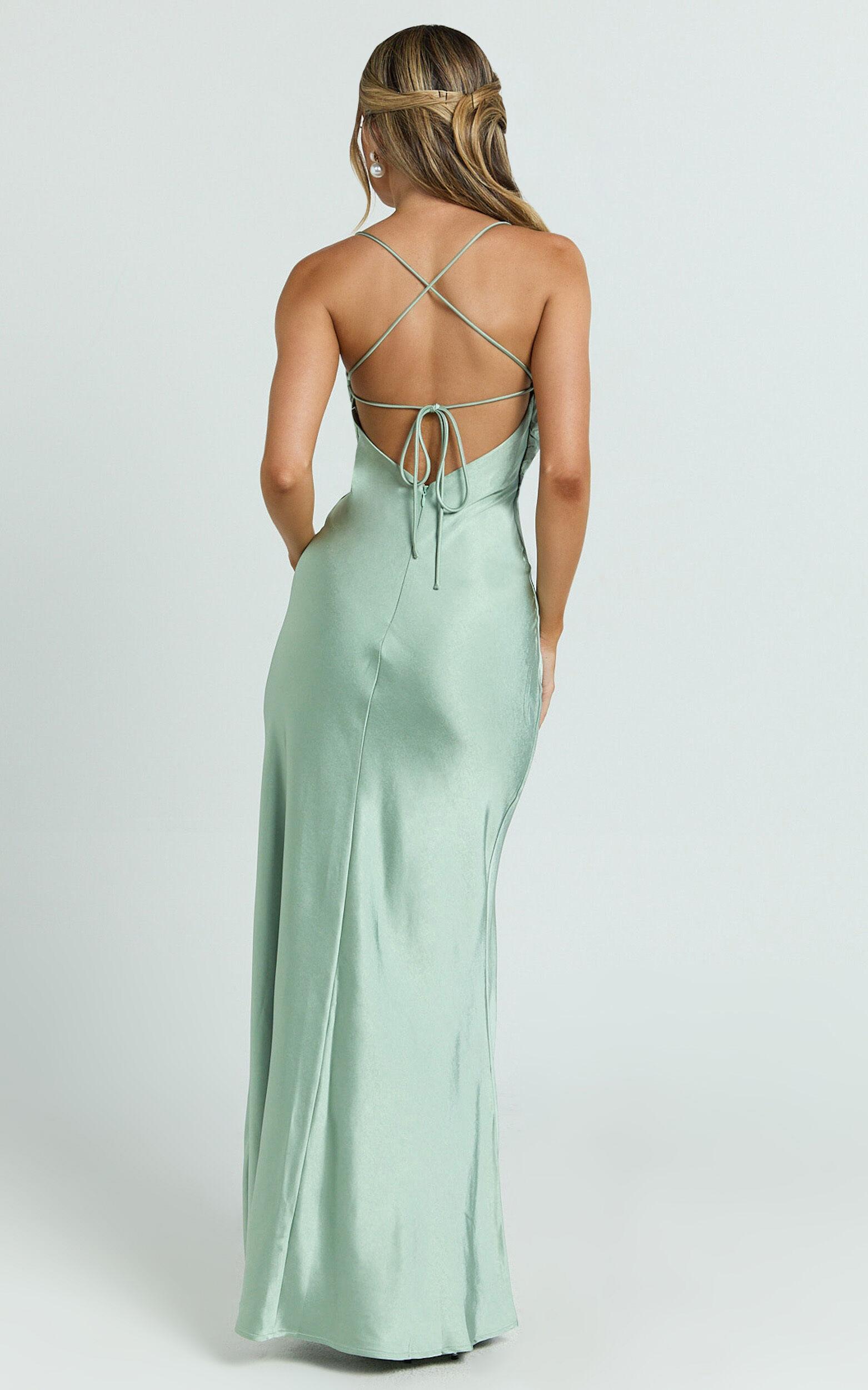 Hanna Maxi Dress - Satin Cowl Neck Low Back Dress in Sage Product Image