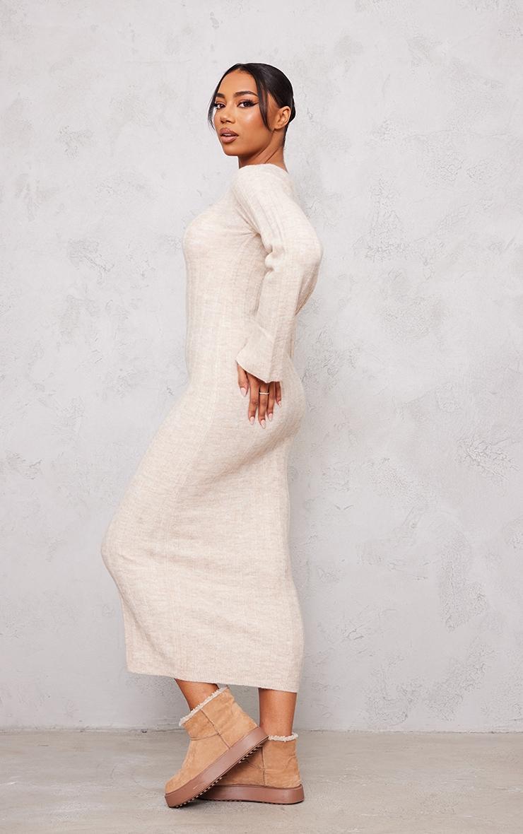 Tall Oatmeal Rib Knitted V Neck Midaxi Dress Product Image