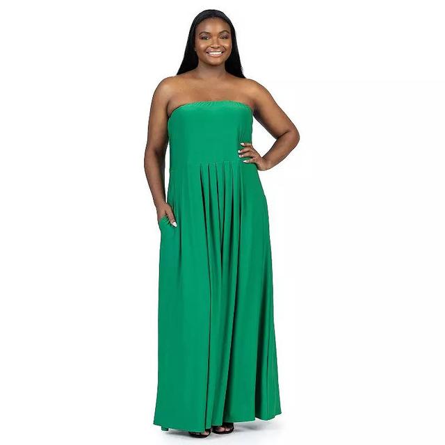 Plus Size 24Seven Comfort Pleated A Line Strapless Maxi Dress With Pockets, Womens Product Image