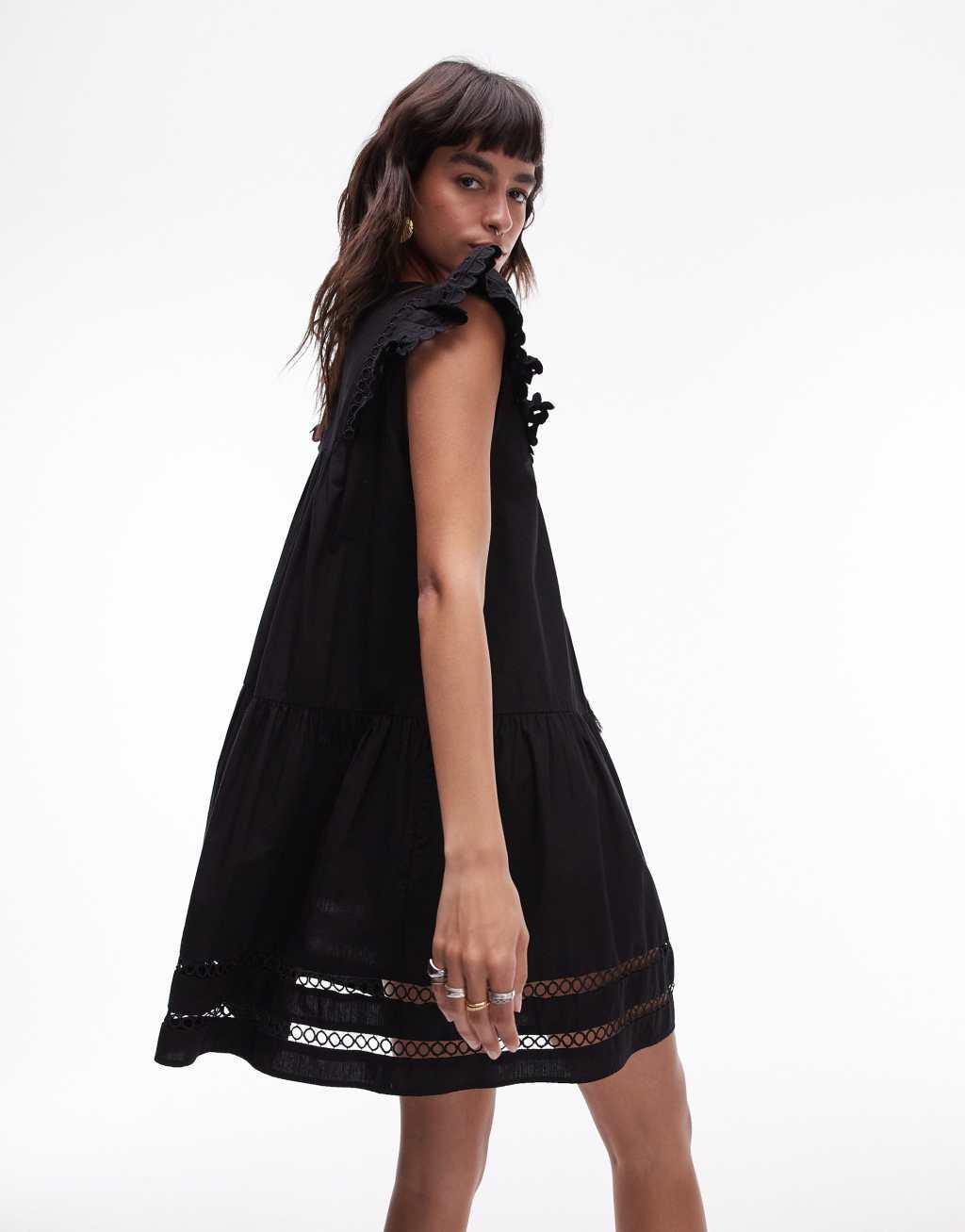 Topshop tassle detail broderie mini dress in black Product Image