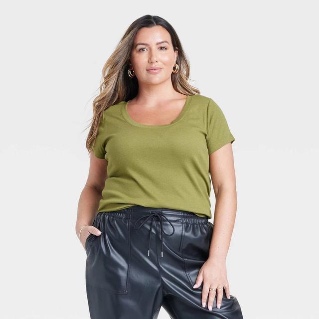 Womens Slim Fit Short Sleeve Ribbed Scoop Neck T-Shirt - A New Day Olive 1X Product Image