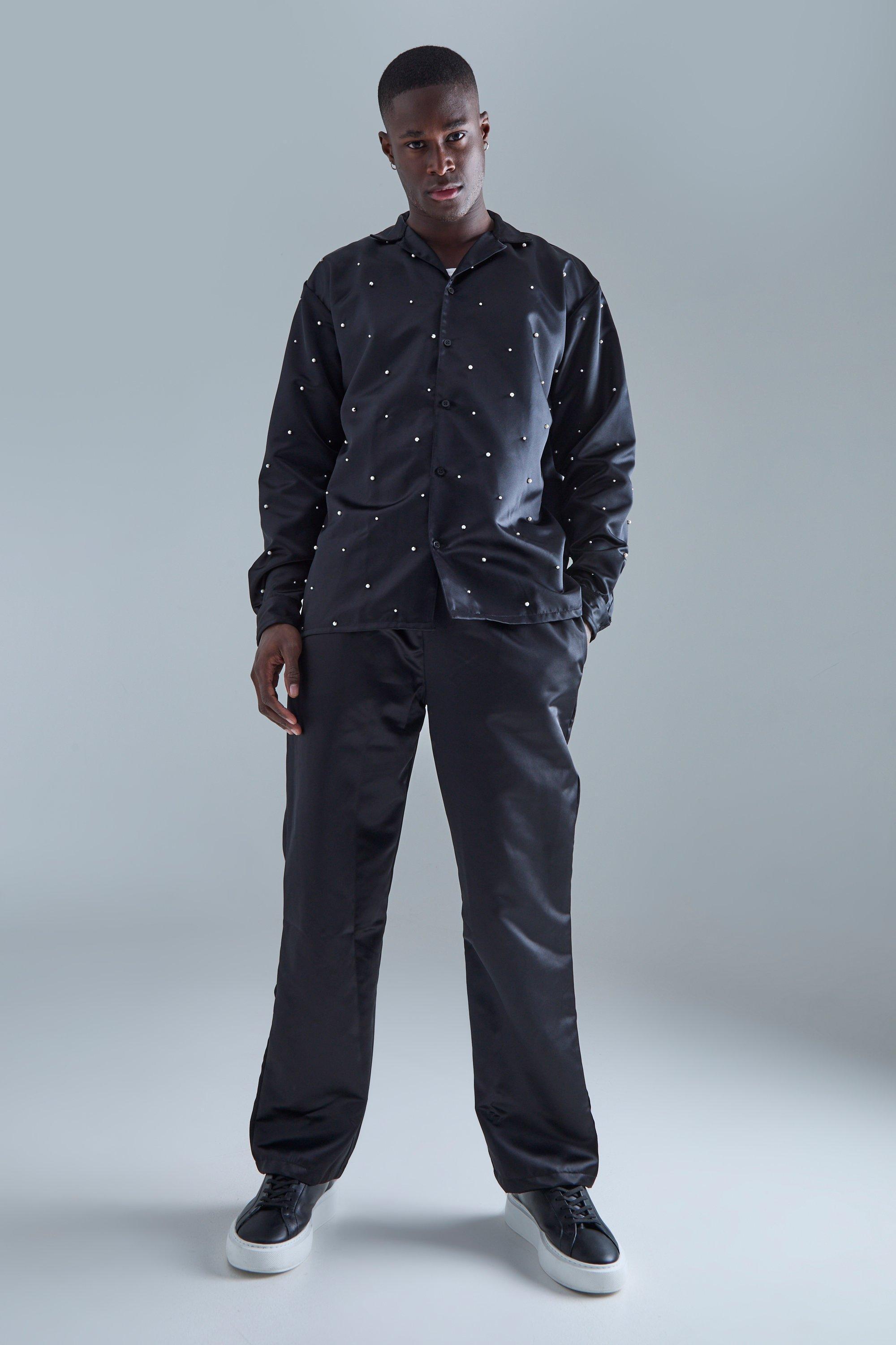 Long Sleeve Embellished Satin Shirt And Trouser Set | boohooMAN USA Product Image