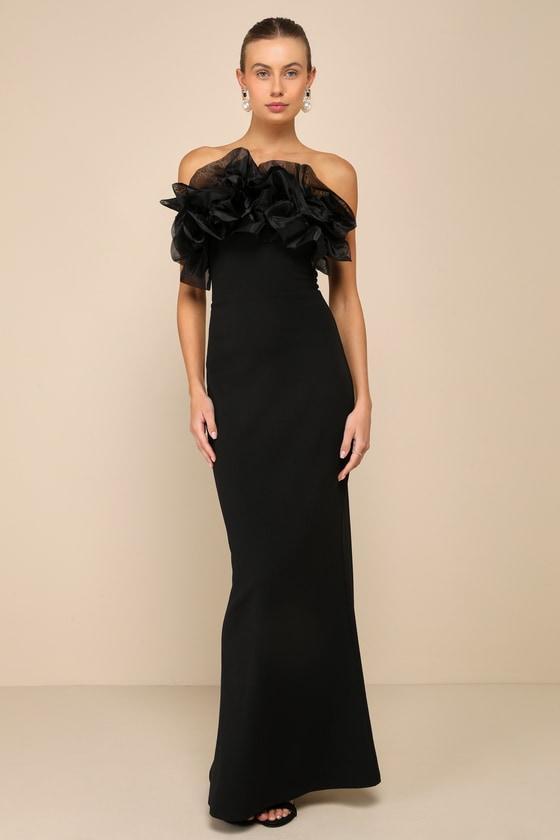 Evening Excellence Black Ruffled Strapless Mermaid Maxi Dress Product Image