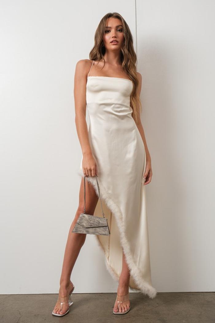 Feather Trim Satin Maxi Dress Product Image