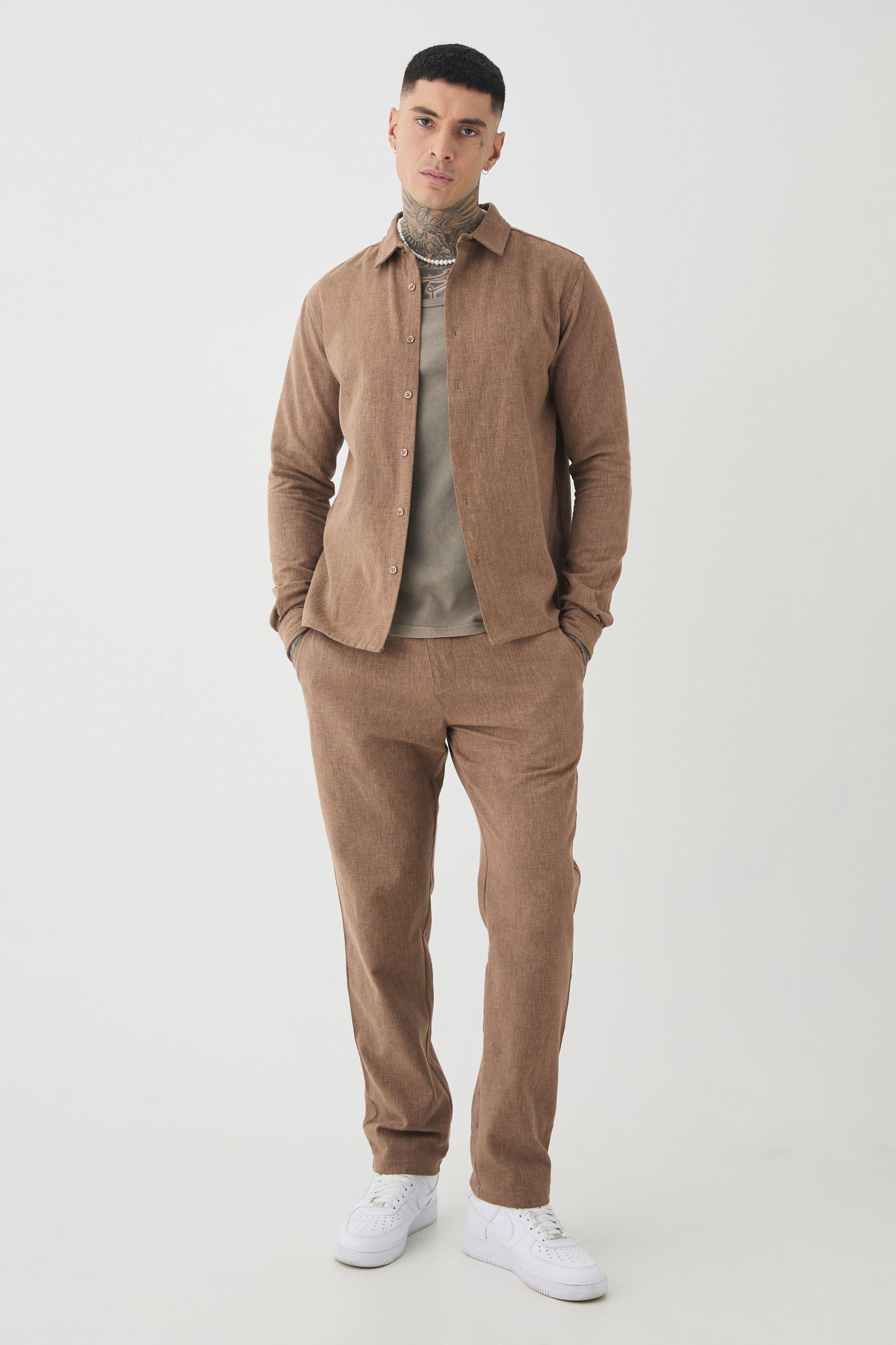 Tall Smart Straight Leg Pants and Shirt Set in Brown | boohooMAN USA Product Image