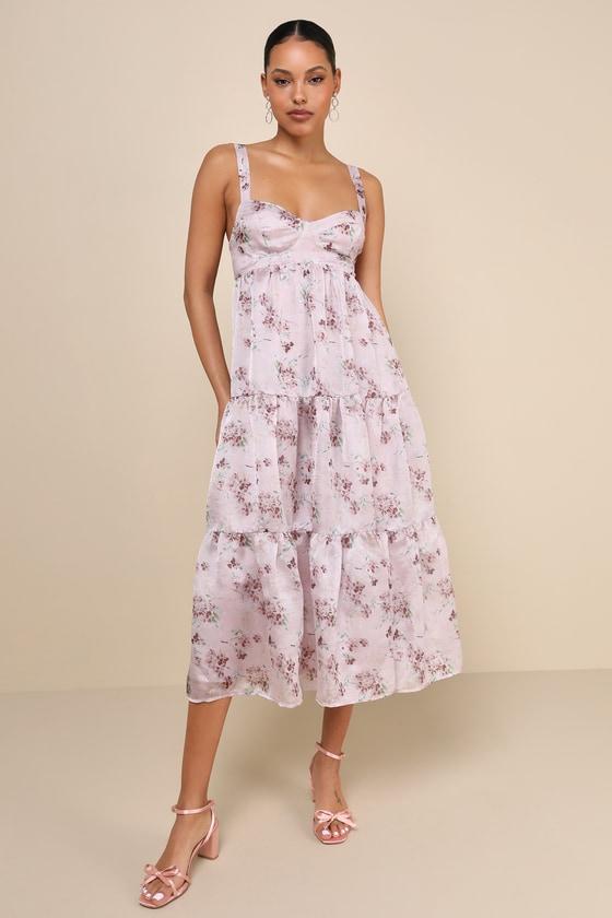 Marvelously Darling Mauve Floral Tiered Backless Midi Dress product image