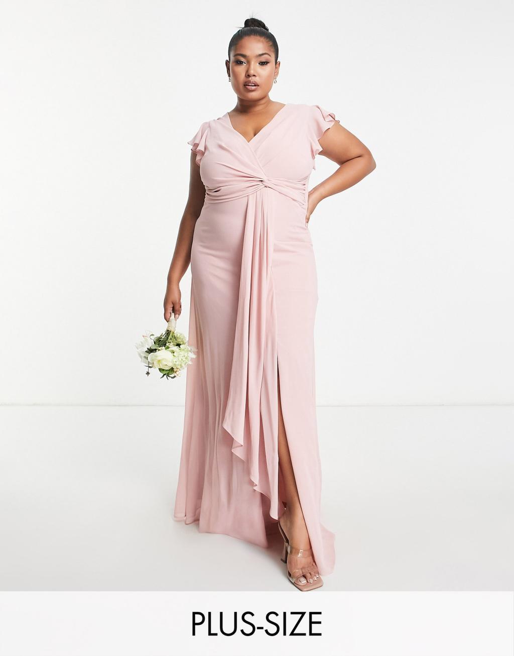 TFNC Plus Bridesmaid flutter sleeve ruffle detail maxi dress in blush Product Image