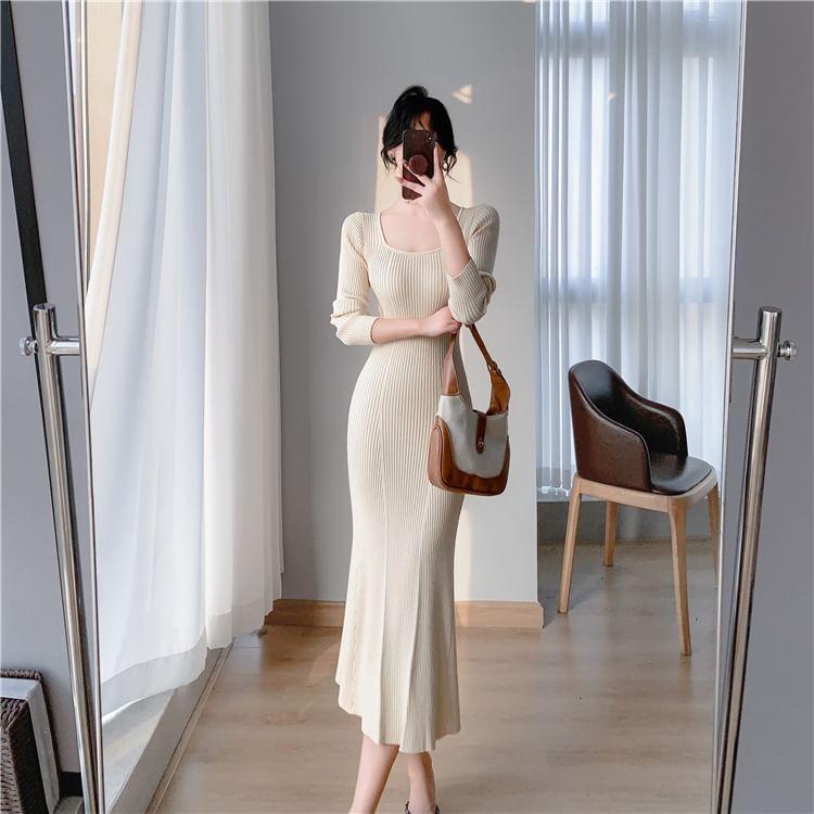 Long-Sleeve Square Neck Plain Ribbed Midi Mermaid Knit Dress Product Image