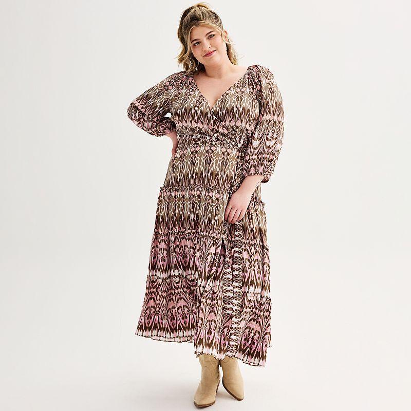 Plus Size Maison Tara Flowy Geometric Print Faux Wrap Midi Dress, Womens Brown Blush Product Image