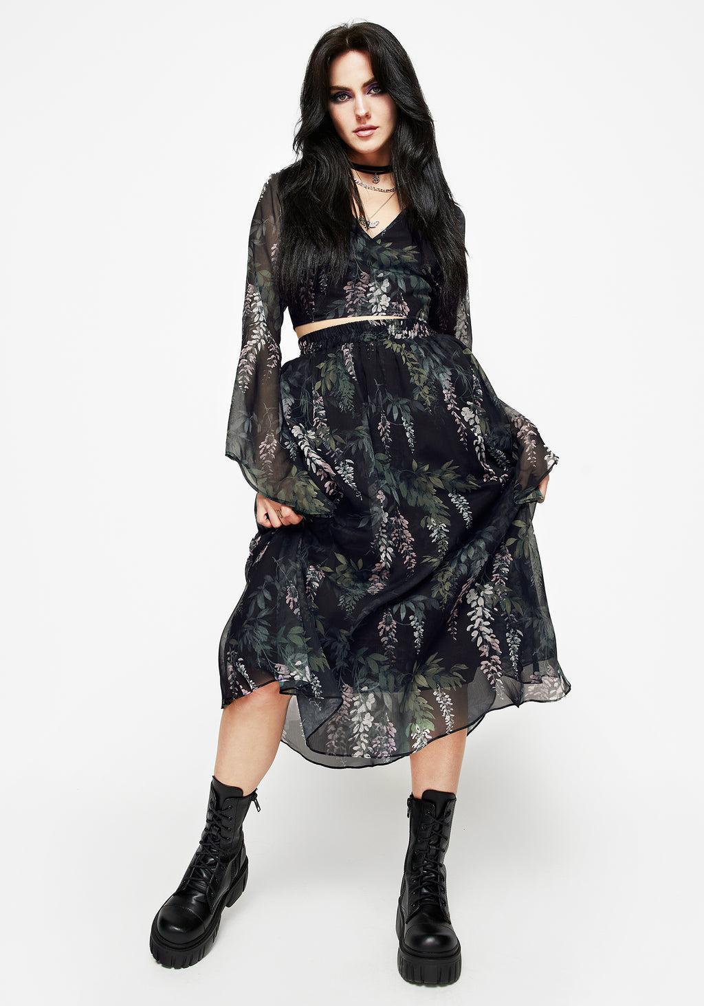 Wisteria Floral Print Chiffon Midi Skirt Product Image