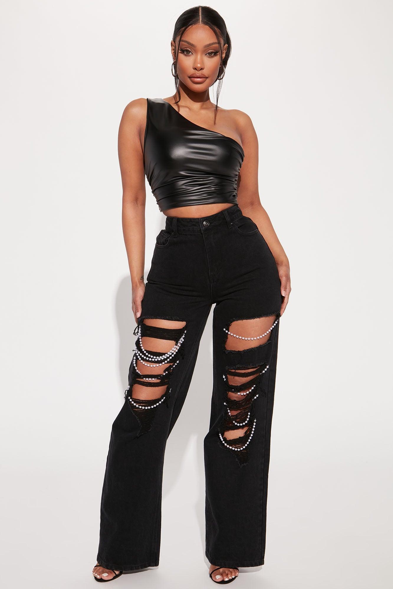 Jordan One Shoulder Faux Leather Top - Black Product Image